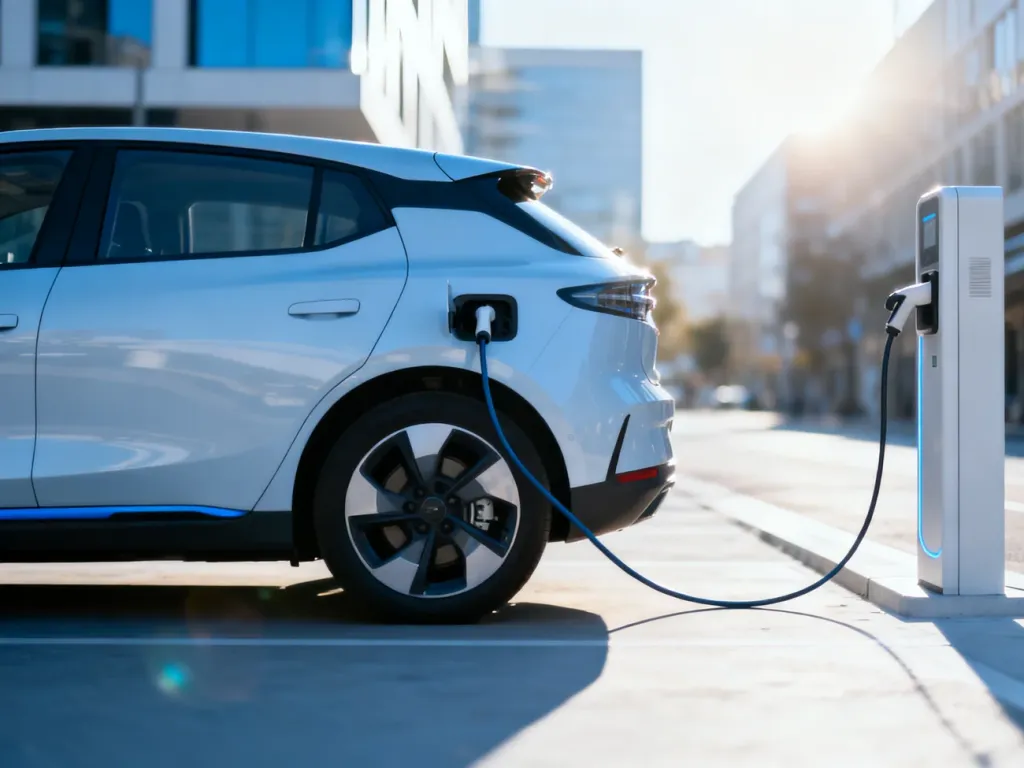Nowoczesny, kompaktowy samochód elektryczny podłączony do stacji ładowania w miejskiej scenerii.