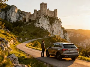 Nowoczesny Jeep Grand Cherokee zaparkowany na malowniczej górskiej drodze podczas złotej godziny.