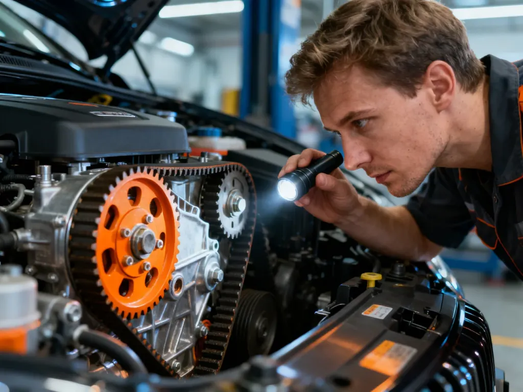 Mechanik z latarką dokonuje precyzyjnej inspekcji układu rozrządu w silniku Ford 1.0 EcoBoost w profesjonalnym warsztacie.