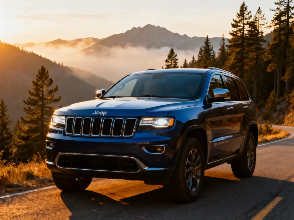Nowoczesny Jeep Grand Cherokee zaparkowany na malowniczej górskiej drodze podczas złotej godziny.