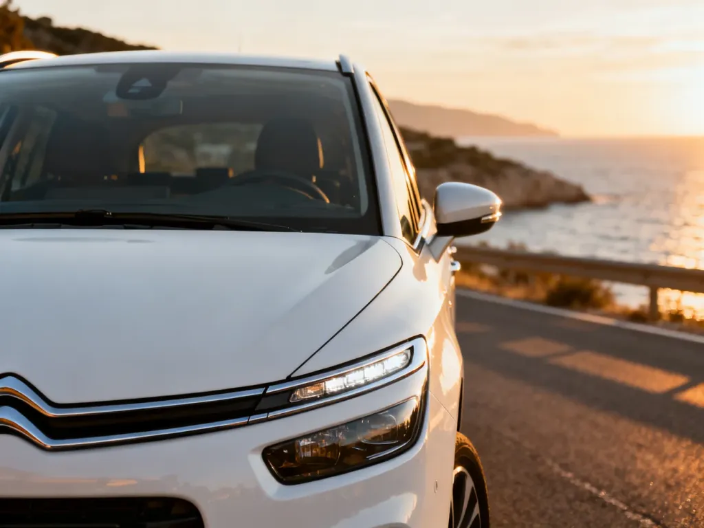 Biały Citroën C4 Grand Picasso zaparkowany na malowniczej nadmorskiej drodze w świetle zachodzącego słońca.