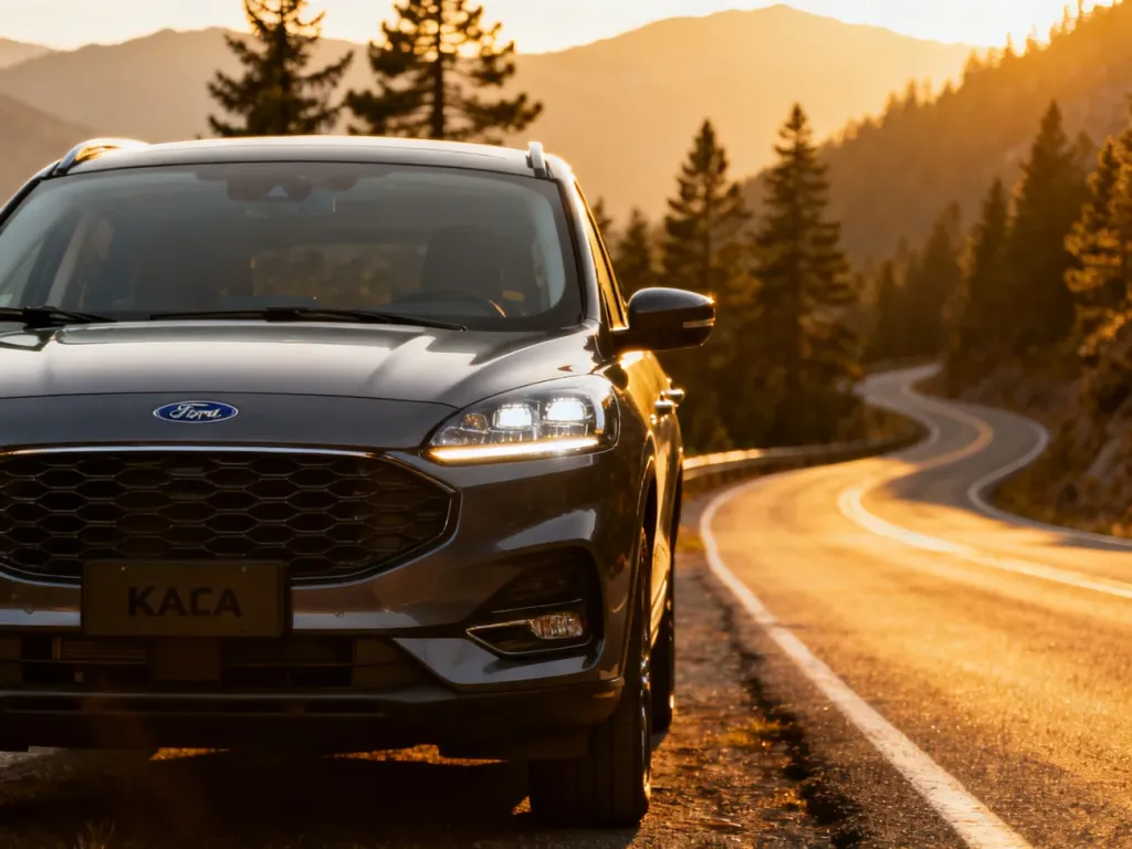 Nowoczesny Ford Kuga zaparkowany na malowniczej górskiej drodze w świetle zachodzącego słońca.