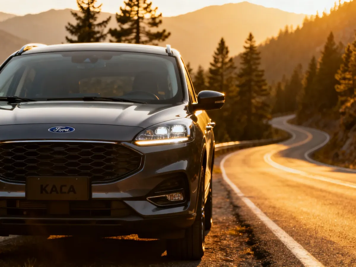 Nowoczesny Ford Kuga zaparkowany na malowniczej górskiej drodze w świetle zachodzącego słońca.