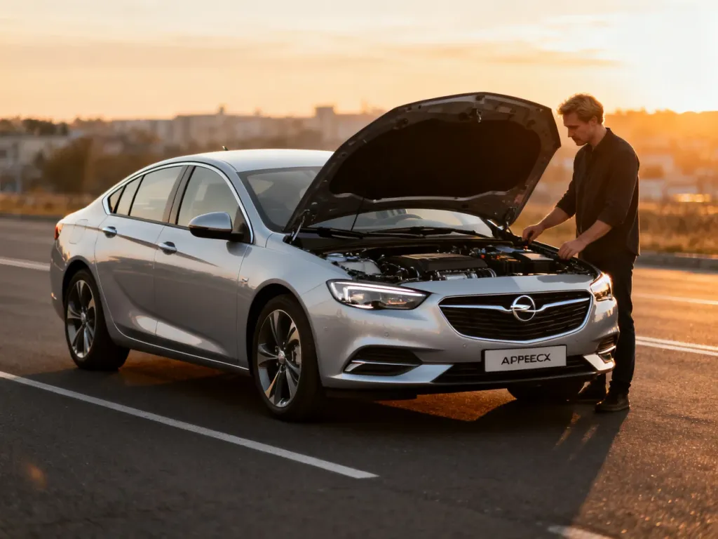 Srebrny Opel Insignia podczas przeglądu silnika w świetle zachodzącego słońca. Mężczyzna sprawdza stan techniczny pojazdu.