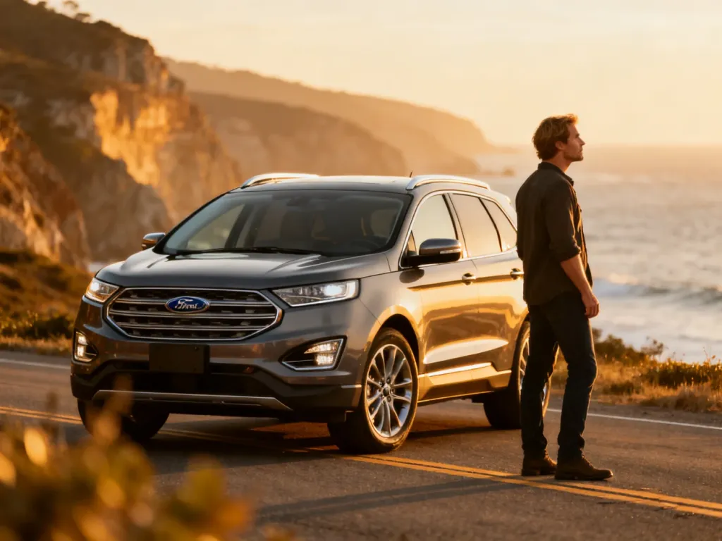Nowoczesny Ford Edge zaparkowany na malowniczym wybrzeżu podczas złotej godziny, obok którego stoi mężczyzna patrzący w dal.
