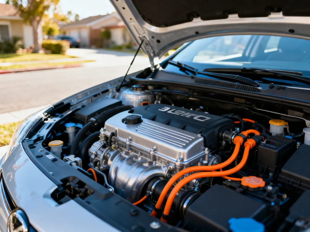 Zbliżenie na nowoczesny, trzycylindrowy silnik 1.0 EcoBoost pod maską srebrnego samochodu.