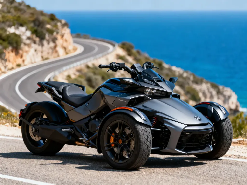 Nowoczesny motocykl trójkołowy zaparkowany na malowniczej nadmorskiej trasie w słoneczny dzień.