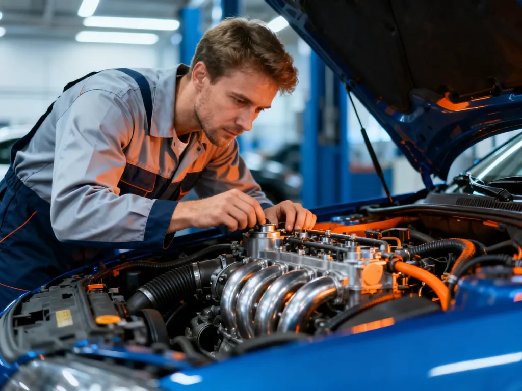 Mechanik dokonuje szczegółowego przeglądu silnika 1.5 TDCi w profesjonalnym warsztacie samochodowym.