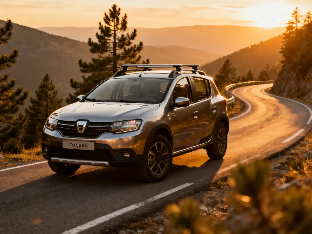 Dacia Sandero Stepway zaparkowana na górskiej drodze w świetle zachodzącego słońca, podkreślająca terenowy charakter auta.