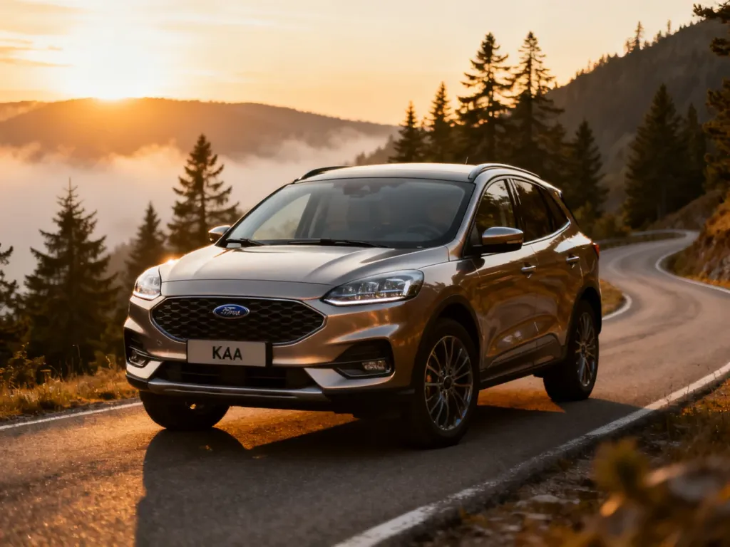 Nowoczesny Ford Kuga zaparkowany na malowniczej górskiej drodze w świetle zachodzącego słońca.