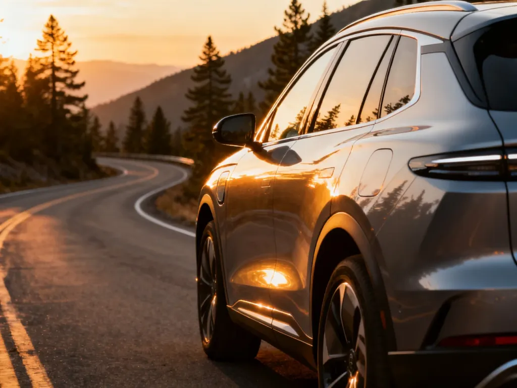 Nowoczesny hybrydowy SUV MG ZS zaparkowany na malowniczej górskiej drodze podczas zachodu słońca.